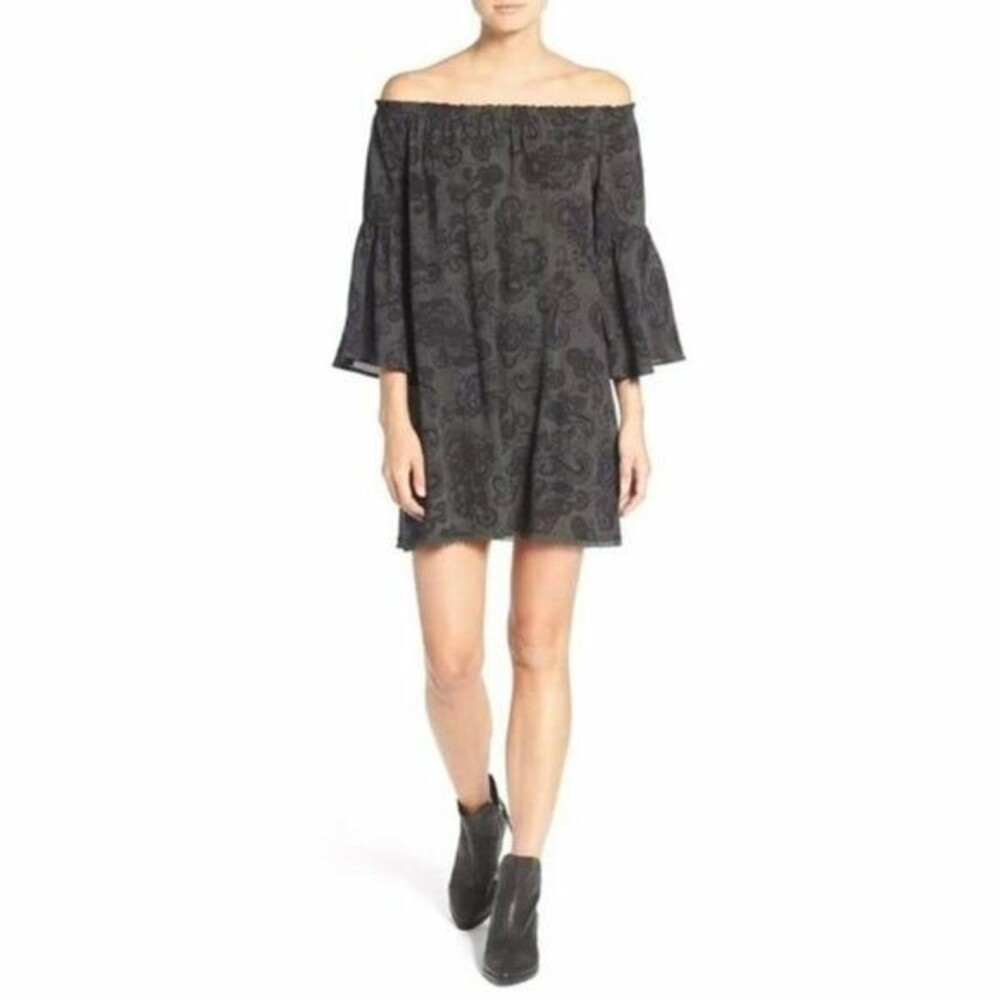 Nordstrom Hinge Tunic Dress XS Womens Boho Bell Sleeves Green Black Paisley Flow